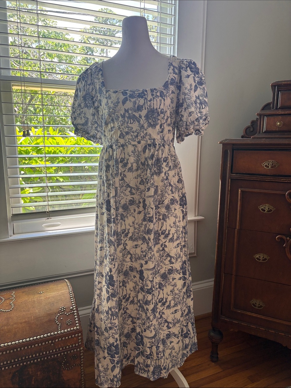 Modcloth Cream Midi Dress with Blue Floral Motif